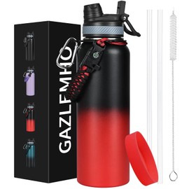 GAZLEMHO 40 oz Insulated Water Bottle with Straw& Spout 2-in-1 Lid, Triple Wall Vacuum Stainless Steel Cold 48H, Leak Proof Sports Metal Flask Jug with Paracord Handle, Black Red