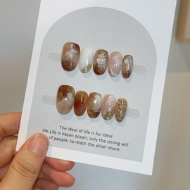 TENPAL Cat Eye Press On Nails 10 Pcs with Tools Kit,Handmade Amber Coffee Ombré Glue on Nails,Short Oval False Nails with Ridge Embossed Glossy Glow Reusable Fake Nails for Autumn Winter Wedding(S)