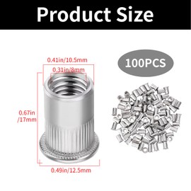 Wjelet Set of 100 Rivet Nuts M8 Stainless Steel Set Threaded Rivets Blind Rivet Nuts Sleeve Nuts for Metal, Plastic, Alloy Flat Head and Countersunk Head