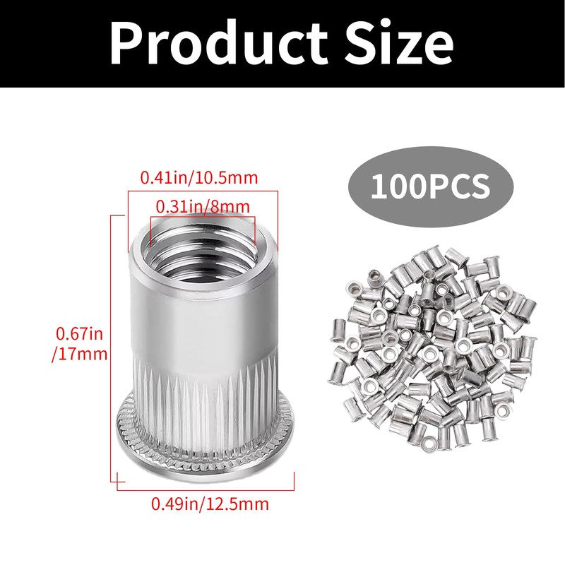 Wjelet Set of 100 Rivet Nuts M8 Stainless Steel Set