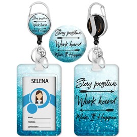 Blue Id Badge Holder, Badge Reel Retractable Keychain, Positive Card Holder with Carabiner Clip Heavy Duty, Id Name Tag Badge Case Protector Cover for Office Work Nurse Teacher Women Student Gifts