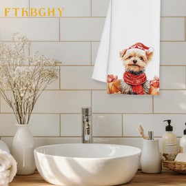 Christmas Yorkshire Terrier Kitchen Towels, Yorkie Gifts for Women, Funny Xmas Dog Gift Boxes Decorative Dish Hand Tea Towels for Bathroom, Christmas Kitchen Bathroom Decor, 16x24 Inch