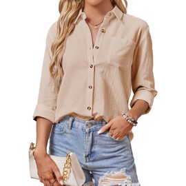 AXUIOKRY Long Sleeve Button Up Shirts for Women Linen Button Down Blouse Gauze Tops V Neck Clothing with Pocket Khaki M