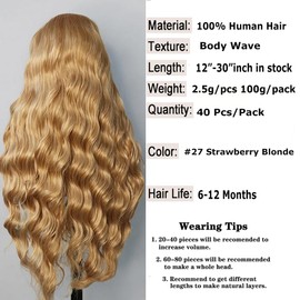 Honey BlondeBody Wave Tape in Hair Extensions Human Hair 12inch 100g 40pcs #27 Strawberry Blonde Wavy Tape Attached Human Hair Tape in Extensions Invisible Skin Weft