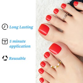 Lifextol 120pc Press on Toenails for Women Toe Press on Nails Short Fake Toe Nails Press ons with Adhesive Tabs, Acrylic Toe Nail Tips False Toenail Press ons Artificial Fake Toenails for Feet-Red