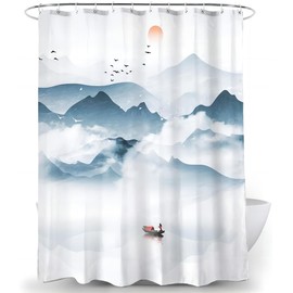 ELELINK Mountain Shower Curtain 72x72 Inch Blue Oriental Zen Landscape Ink Painting Foggy Hills Lake Art for Man Bathroom Distant Blue Decoration Bath Curtain with 12 Hooks