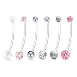 Mayhoop 6 Pcs Pregnancy Belly Bars 14G 32mm Bioflex Acrylic CZ & Paved Crystal Ball Flexible Sport Maternity Long Belly Navel Bar Belly Button Bar Retainer Pink