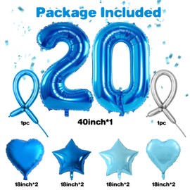 Blue Number 20 Balloons, Dark Blue Number 20 Balloons, 20 Number Balloons Set, Bule Foil Star Heart Balloons With Long Balloons For Boys man 20th Birthday Party 2nd Kids Baby Shower Decorations