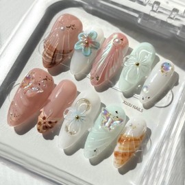 30Pcs Summer Beach Press on Nails Medium Almond French Tip Fake Nails 3D Flower Butterfly Rhinestones Design Glitter Full Cover Stick on Nails Reusable Flower False Nails for Women Girls Acrylic Nails