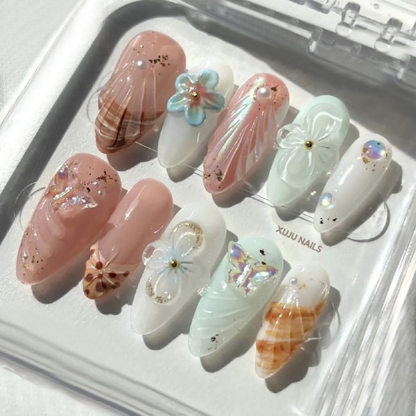 30Pcs Summer Beach Press on Nails Medium Almond French Tip