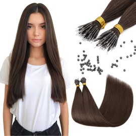 Elailite Nano Ring Extension Real Human Hair Cold Fusion With Nano Beads Remy Hair 50 Strands 35g Straight (#2 Dark Brown, 18 Inch)