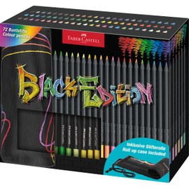 FABER-CASTELL 116418 Colouring Pencils Set with Pen Roll, 72 Black Edition Colouring Pencils, Includes Metallic and Neon Colours