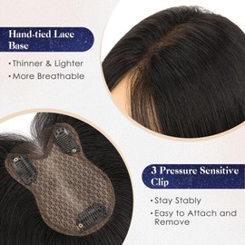 Elailite Human Hair Toppers for Women Real Human Hair for Thinning Hair 8 * 11CM Lace Base Hair Pieces Clip in Remy Hairpieces Hand-Tied 11 Inch Natural Black