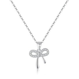 Reffeer Solid 925 Sterling Silver CZ Bow Necklace Choker for Women Teens Crystal Bow Pendant Necklace Bowknot (A-Silver)