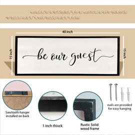 comurdyo Be Our Guest Wall Decor Sign 40”X15” Large Master Bedroom Above Bed Wall Decor Wood Framed Guest Room Sign Simple Rustic Farmhouse Over Bed Bedside Wall Art (Black)