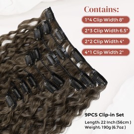 Hair Extension, LONAI 9PCS Clip in Hair Extensions, LN002 22" Long Curly Thick Heat Resistant Synthetic Soft Deep Wave Hairpieces for Women-Ombre Brown