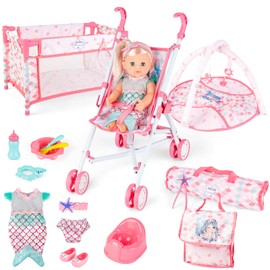 deAO Baby Doll Stroller Crib Bed Nursery Role Play Set Baby Doll Accessories and Play Mat,Travel Cot,Foldable Stroller and Travel Bag Birthday for Girls Boys Kids
