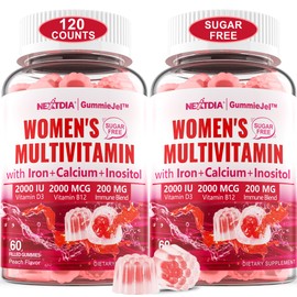 Nextdia Sugar-Free Methylated Multivitamin for Women Gummies, Algae Calcium, Vitamin A, C, E, B12, D3 K2, Iron, Folate, Biotin, Inositol - Multi Vitamins & Minerals - Energy, Immune, Blood, Bone, Vegan 120Cts