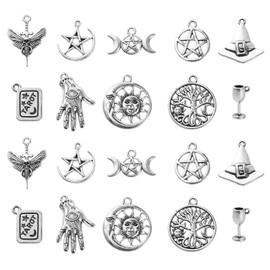 Stiesy 100Pcs 10 Styles Antique Style Witchcraft Theme Charms Tibetan Silver Religion Charms Witch Hat Dangle Charms for DIY Crafts Jewelry Making