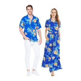 Matchable Couple Hawaiian Luau Wide Legged with Pockets Jumpsuit in Hibiscus Blue, Women, XL