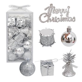 Taeku Christmas Tree Ornaments, Set of 32, 1.6 inches (4 cm) Diameter, Unbreakable, Bell, Drum, Glitter, Decoration, Luxurious, Stylish, Nordic Style, Indoor/Outdoor Use, Silver
