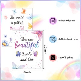 9 Set Watercolor Butterfly Inspirational Quote Wall Poster Prints 8 x 10 Inch Butterfly Motivational Saying Woman Room Decor Butterfly Pictures Decor Butterfly Wall Decals with 30 Glue Point Dots