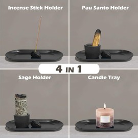 Chinjroy Incense Holder, Handmade Natural Stone Holder for Incense Sticks, Incense Burner for Sage/Palo Santo Sticks, Metal Ash Catcher Tray, Ideal for Smudging, Yoga Meditation (Black)