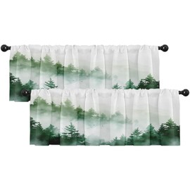 Emvency 2 Pack Valances Window Treatments, Misty Forest Green Nature Tree Mountain Blackout Drapes Adjustable Curtain Valances for Windows Living Room Kitchen Over Sink, 18x52 Inch Rod Pocket Valances