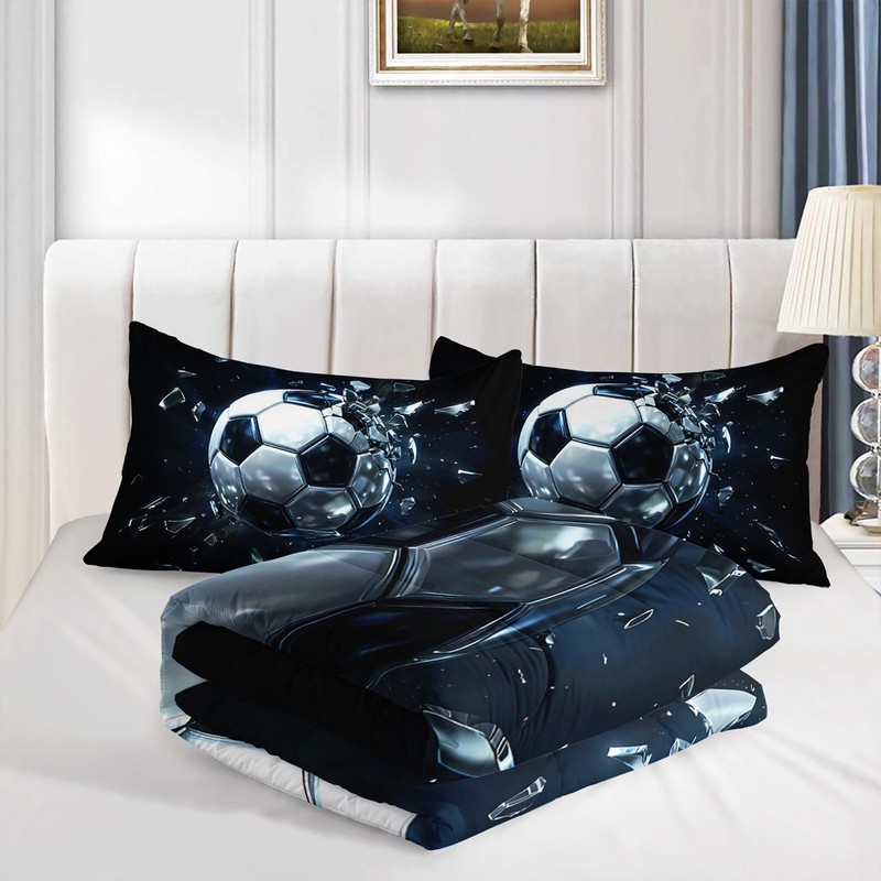 Black White Soccer Comforter 3Pcs Full Size Broken Ball Bedding