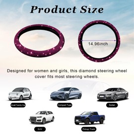 Dickno Bling Steering Wheel Cover, 15 Inch Crystal Diamond Car Steering Wheel Protector for Women Girls, Sparkling Anti-Slip Steering Wheel Decor Accessories for Most Vehicles (Magenta)