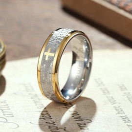 King Will 8mm Lord's Prayer Cross Ring Mens Stainless Steel Ring - Gold Silver Wedding Band Bible Engraved Rings High Polished 14