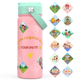 GoKEDA Kids Achievements Water Bottle with Reward Stickers, 18oz Vacuum Double Insulated Cup with Straw, 316 Stainless Steel Bottles for School, Gift for Girls(Pink)