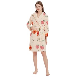 YGZZFYH Women's Floral Strawberry Print Wrapped Belted Flannel Lounge Robe, Casual Pocket Shawl Collar Thermal Robe,Medium