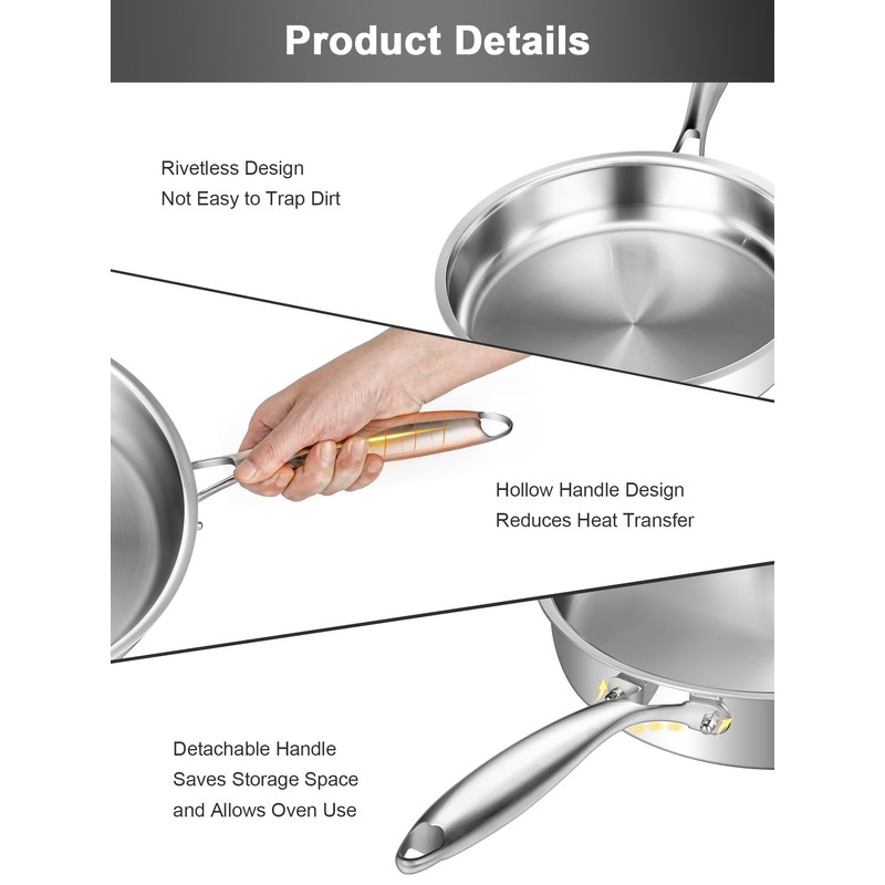 VENTION Tri-Ply Stainless Steel Frying Pans Set, 8”/10”/12” Induction Cooking