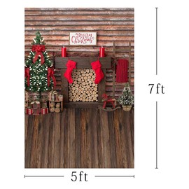 MEHOFOTO 5x7ft Merry Christmas Wood Fireplace Photo Studio Booth Backgrounds Props Winter Wooden Red Stocking Gift Christmas Tree Backdrops for Photography