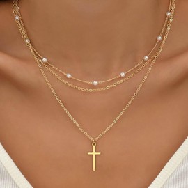Andelaisi Boho Layered Pearl Choker Necklace Gold Cross Choker Necklace Vintage Station Pearl Chain Necklace Multilayer Cross Crucifix Pendant Necklace Jewelry for Women