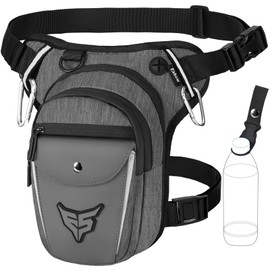 Eshow Motorcycle Leg Bag for Men Women Thigh Bag Belt Bag Expandable Storage Space Bum Bag with 1 Bottle Holder 2 Carabiners Reflective Strips for Hiking Cycling, lightgrey