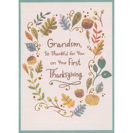 Designer Greetings Acorns, Leaves and Fall Foliage Border First / 1st Thanksgiving Card for Grandson