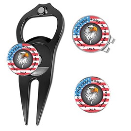 LinksWalker Hat Trick Divot Tool US Flag Gift Set with Magnetic Hat Clip 3 Golf Ball Markers Made in USA (Black)