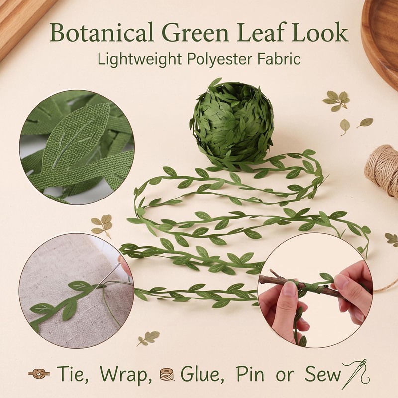 50 Yard(150 Ft) Green Leaf Trim Ribbon Artificial Vines Leaves