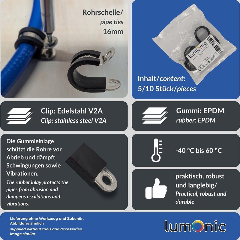 Lumonic 5 x 16 mm pipe clamps with rubber insert,