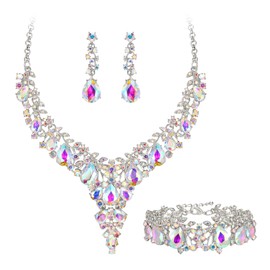 EVER FAITH Statement Jewellery Set for Women Crystal Flower Round Teardrop Bridal Necklace Dangle Earrings and Bracelet Set Clear Gold Tone, Crystal