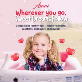 Asani Inflatable Toddler Travel Bed with Electric Pump, Leakproof Air Mattress w/Reinforced Protective Bumpers, Includes Carry Case and Pillow, Fits Kids Up to 4ft, for Camping & Sleepovers (Pink)
