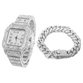 HALUKAKAH Diamonds Gold Watch Iced Out, Men's Platinum White Gold Plated 40MM Width Square Dial Quartz Wristband 24cm with Cuban Link Chain 20 Bracelet Set, Free Giftbox