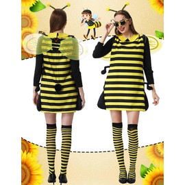 KUKIKUKI Bee Costume for Women Fancy Dress Costumes with Wings, Leg Sleeves and Headband for Adults Carnival Dress Up Party Cosplay (XL)