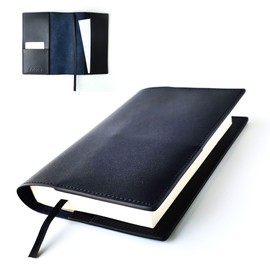 Pebblee Book Cover, Paperboard Books, Novel Size, Cowhide Leather, Double-Closed, Bookmark Included, Pockets (Black)