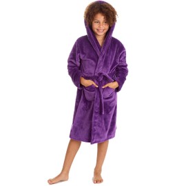 Metzuyan Kids Girls Plush Fleece Hooded Dressing Gowns Super Soft Warm Robes Plain Purple 4-5 Years