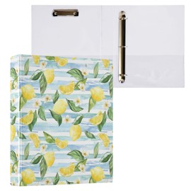 Blue White Striped Lemon Floral 3 Ring Binder 1.5" Decorative D-Ring Binder with Clipboard&3 Clear Pockets, Holds 200 Sheets A4 Size Paper Waterproof Binders for School Home Office