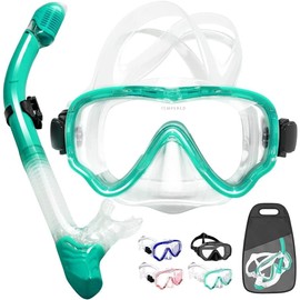 KLERICER Dry Snorkel Set, Panoramic 180°Wide View Snorkeling Gear, Anti-Fog Anti-Leak Tempered Glass Safety Scuba Diving Mask, Free Breathing and Adjustable Strap Dry Top Snorkel Set for Adult (Green)