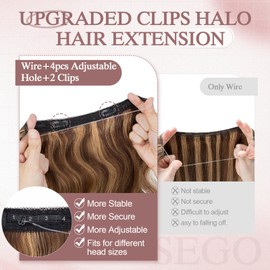 SEGO Pro Wire Hair Extensions Human Hair Wavy Invisible Wire Hair Extensions Adjustable One Piece Hair Extension With 2 Secure Clips For Women to Add Length,14inch Medium Brown mixed Dark Blonde,60g